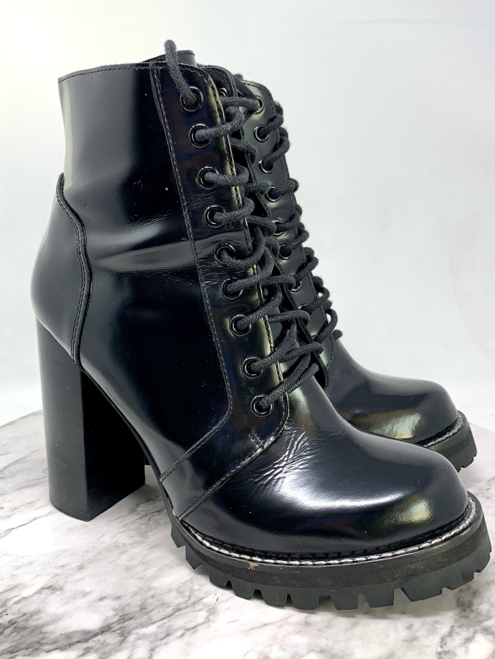 Jeffrey Campbell Legion Black Patent Lace-Up Lug Sole Boots 7.5 Goth Baddie Edgy